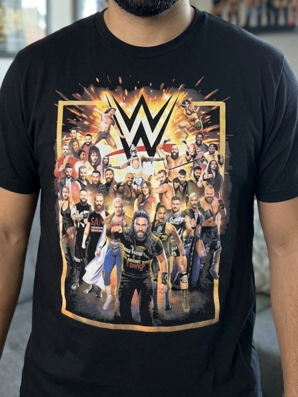 WWE Black Tee with Gold and Orange Explosive Logo Size XL